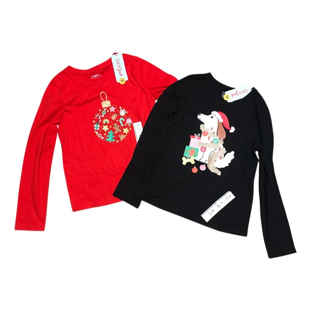 Cat & Jack Red and Black Long Sleeve Christmas Holiday Tees Girls Med 7/8